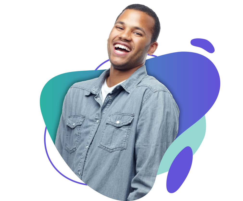 Person in denim shirt, abstract background.