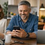 People smiling while completing surveys on Surveyworld, the best survey website, using their phone and laptop