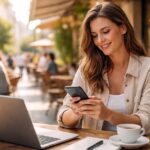 Woman using Surveyworld on her phone to start earning with online surveys